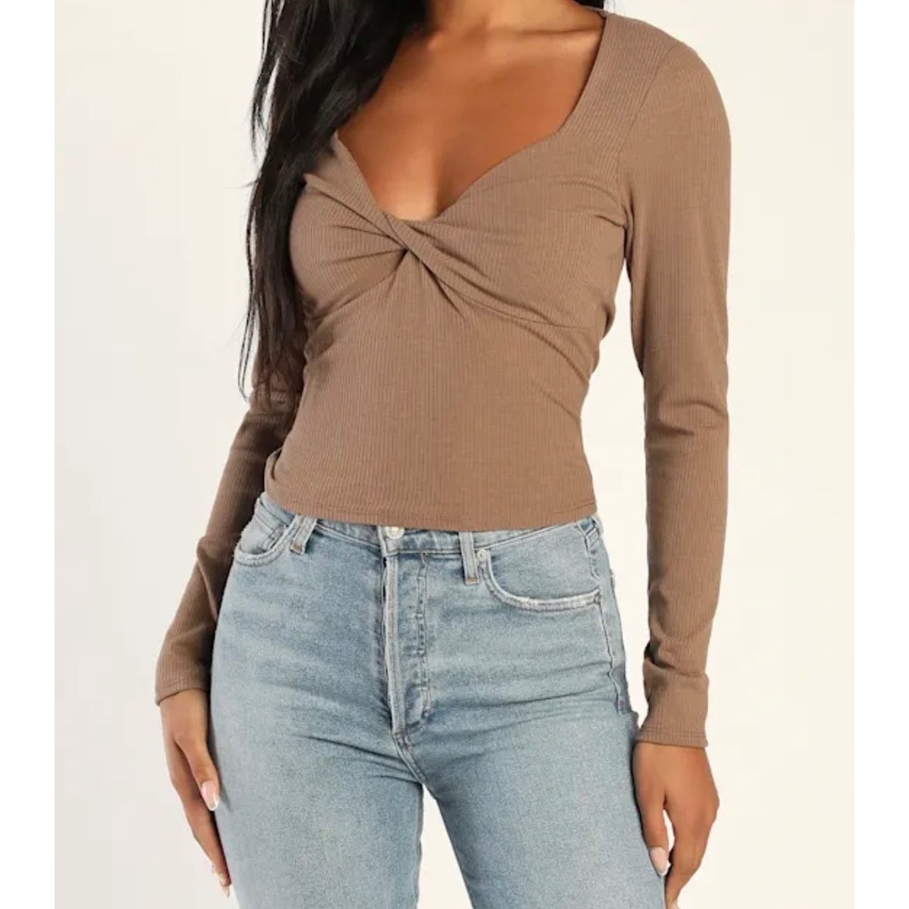 Lulus Modern Image Brown Ribbed Long Sleeve Twist-Front Top Size Large NEW
